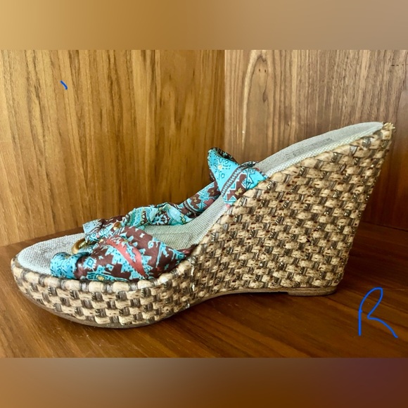 EUC VTG PELLE MODA Printed Scarf Tie Wedge Espadrilles 6.5 Aqua/Rust Brown/Gold - Picture 5 of 16